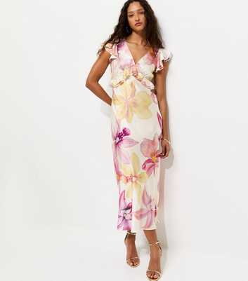 Cream Satin Orchid Print Flutter Sleeve Midi Dress