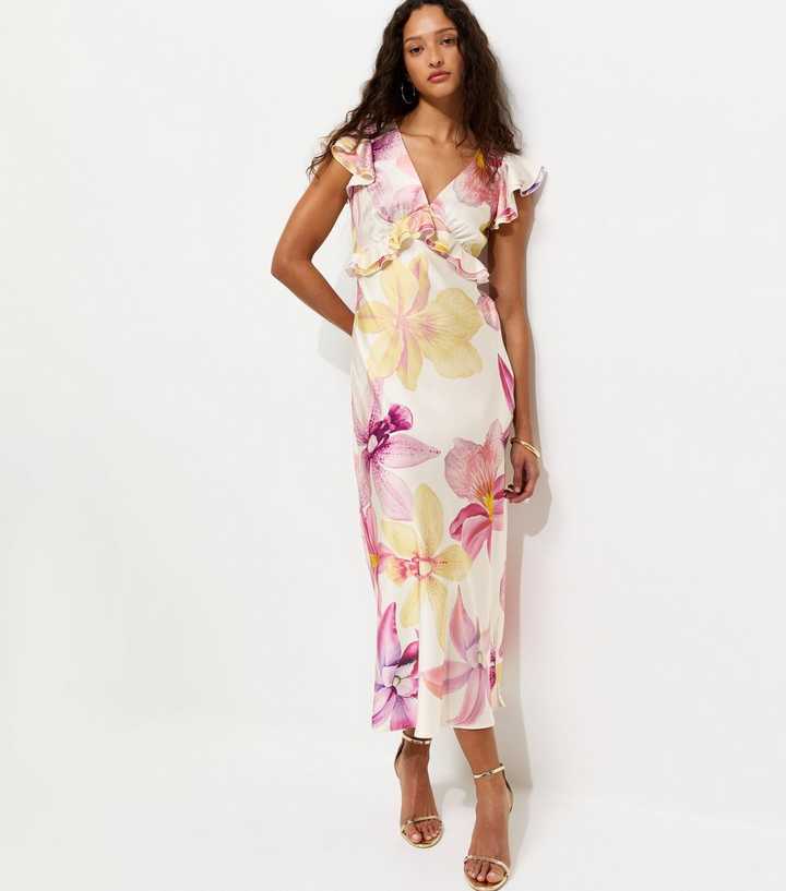 Cream Satin Orchid Print Flutter Sleeve Midi Dress