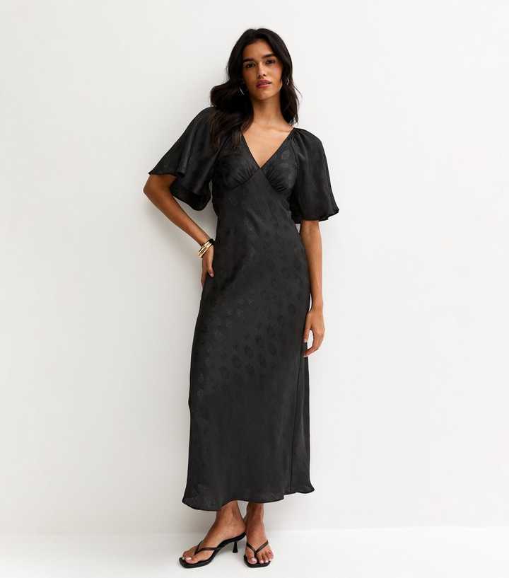 Black Paisley Pattern Jacquard Flutter Sleeve Midi Dress
