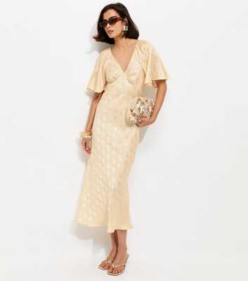 Cream Paisley Pattern Jacquard Flutter Sleeve Midi Dress