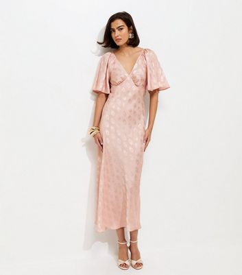 Pink Paisley Pattern Jacquard Flutter Sleeve Midi Dress