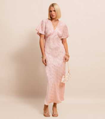 Pink Paisley Pattern Jacquard Flutter Sleeve Midi Dress