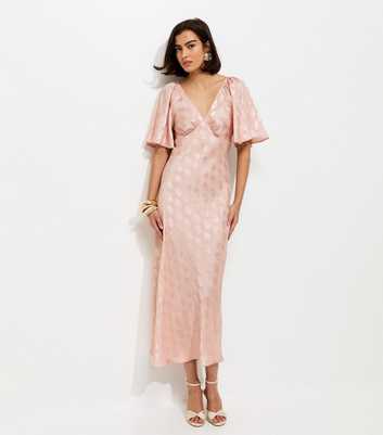 Pink Paisley Pattern Jacquard Flutter Sleeve Midi Dress