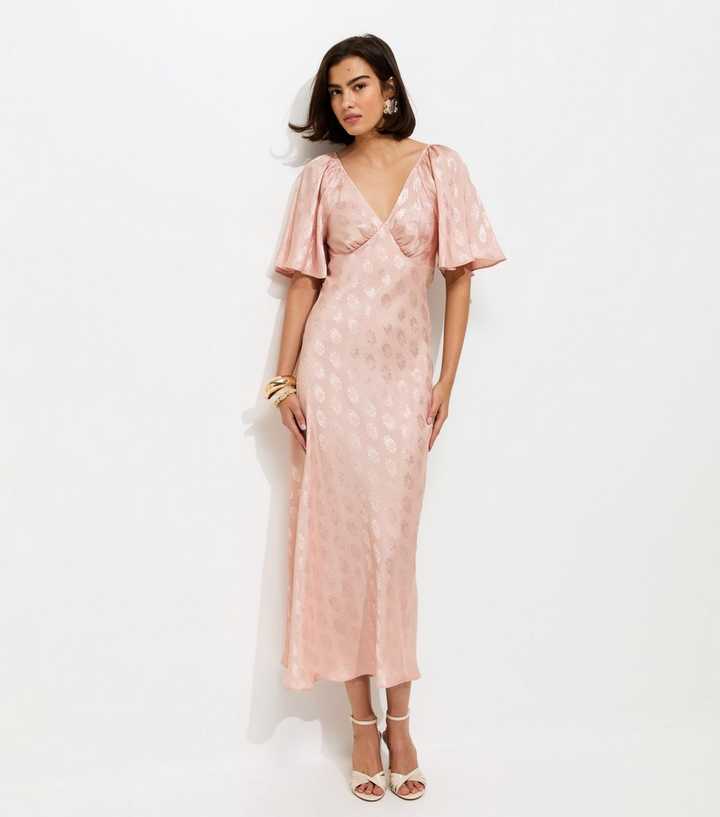 Pink Paisley Pattern Jacquard Flutter Sleeve Midi Dress