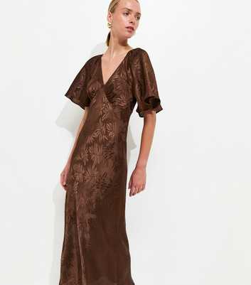 Dark Brown Palm Leaf Jacquard Flutter Sleeve Midi Dress