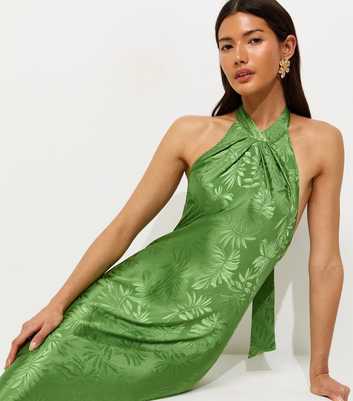 Light Green Palm Leaf Jaquard Halter Neck Maxi Dress