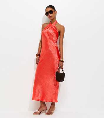 Coral Palm Leaf Jacquard Halter Neck Maxi Dress