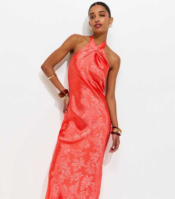Coral Palm Leaf Jacquard Halter Neck Maxi Dress | New Look