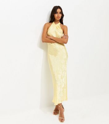 Light Yellow Palm Leaf Jacquard Halter Neck Maxi Dress