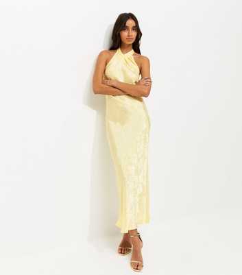 Light Yellow Palm Leaf Jacquard Halter Neck Maxi Dress