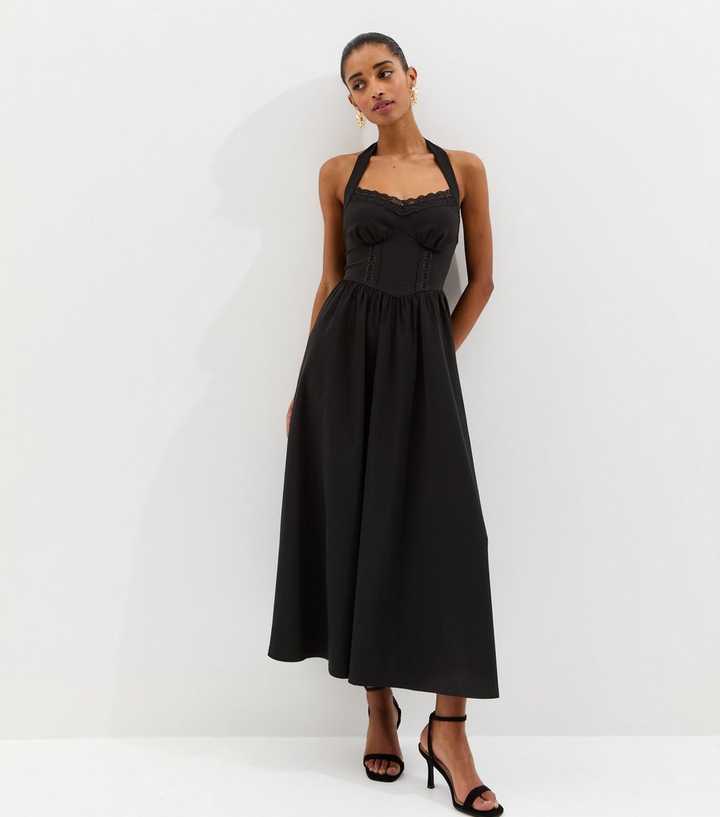 Black Embroidered Halter Midi Dress