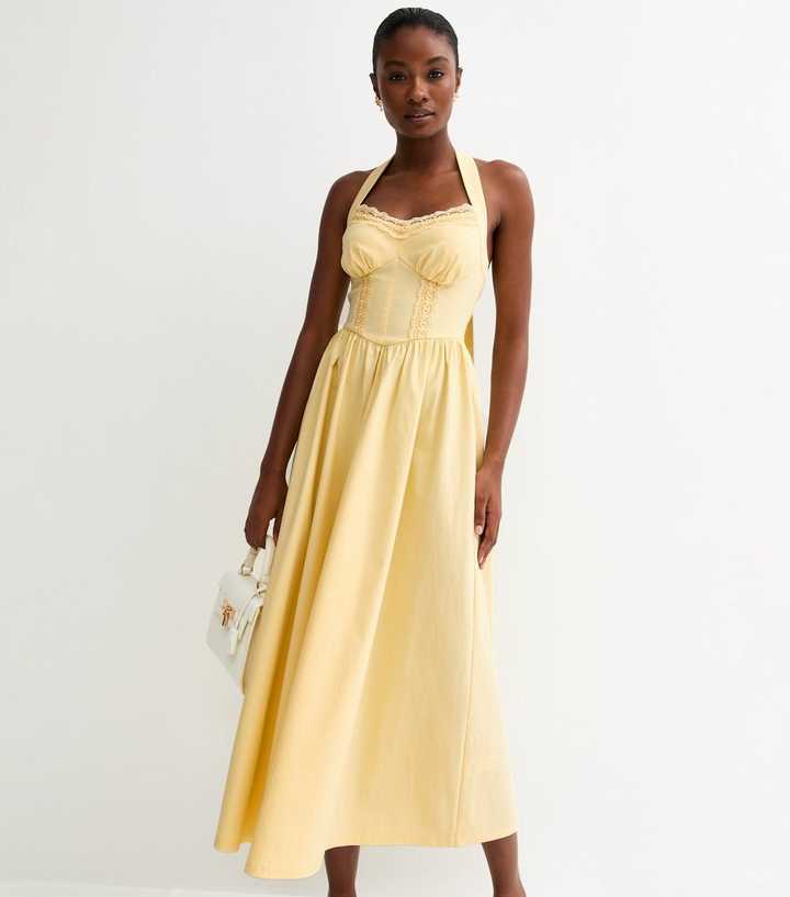 Light Yellow Embroidered Halter Midi Dress