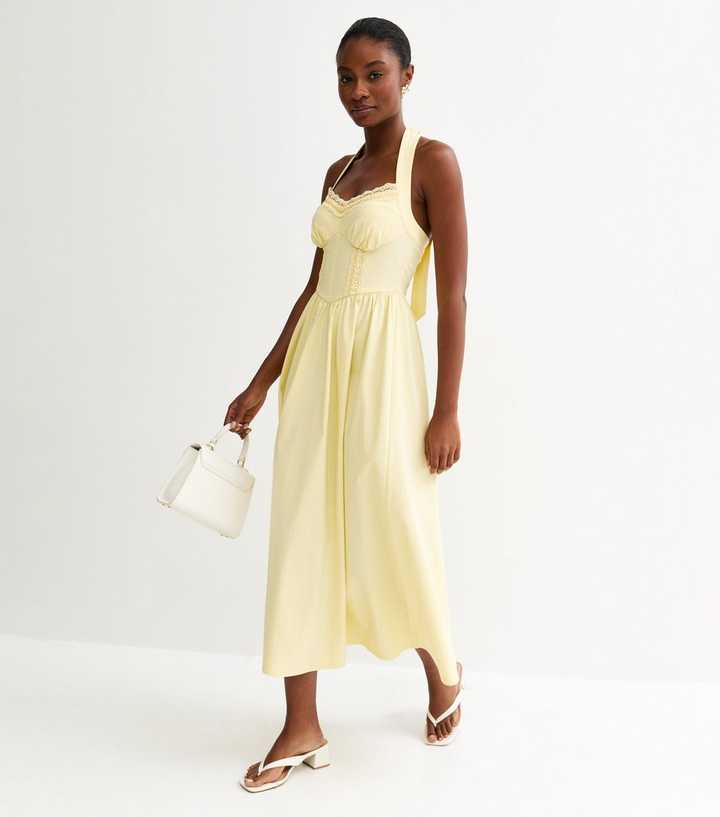 Light Yellow Embroidered Halter Midi Dress | New Look Light Yellow Embroidered Halter Midi Dress | New Look