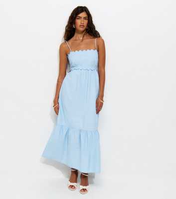 Light Blue Scalloped Edge Strappy Poplin Midi Dress
