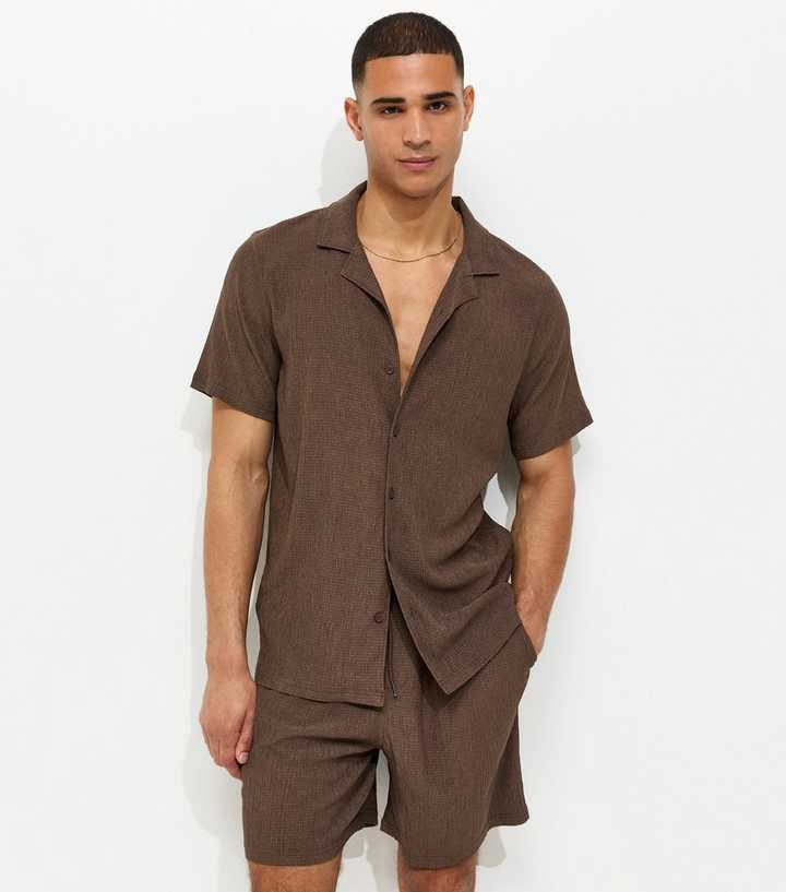 Dark Brown Regular Textured Drawstring Shorts