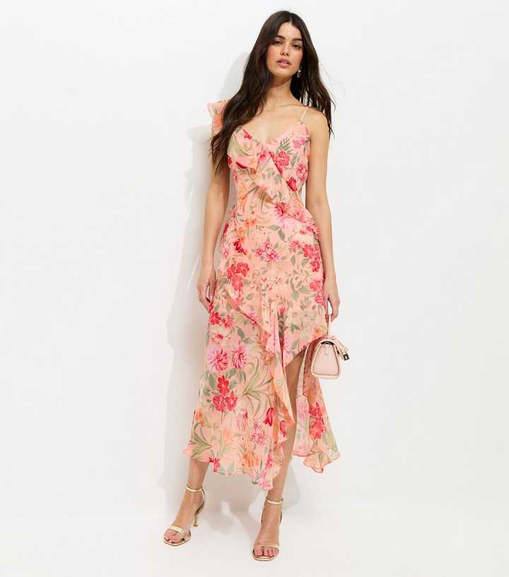 Pink Floral Chiffon Ruffled Midi Dress