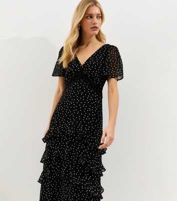Black Polka Dot Chiffon Tiered Maxi Dress