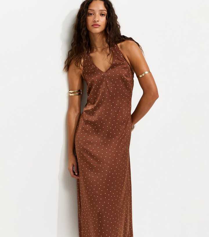 Brown Spot Print Cowl Neck Halter Satin Midi Dress