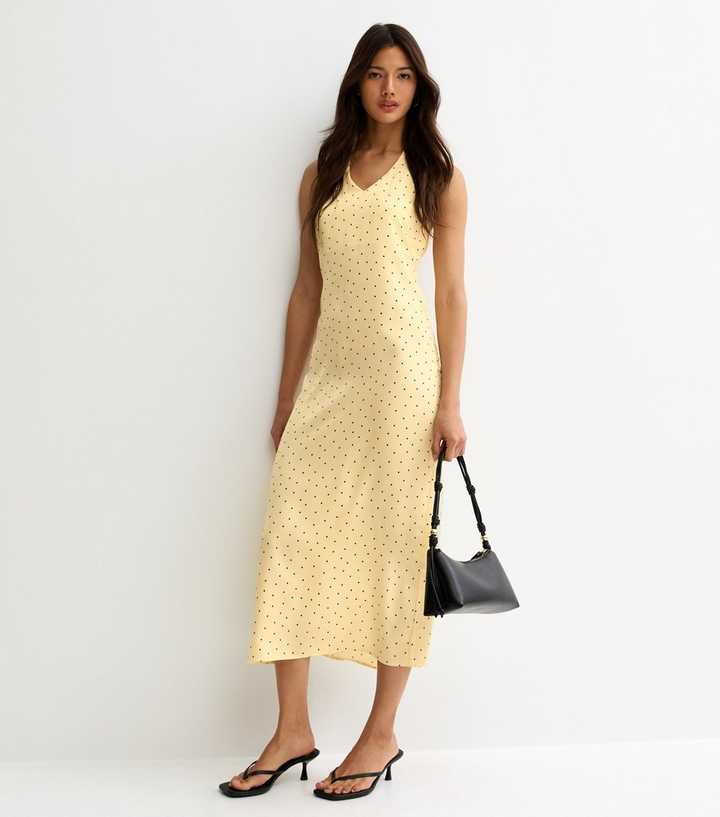 Yellow Spot Print Cowl Neck Halter Satin Midi Dress