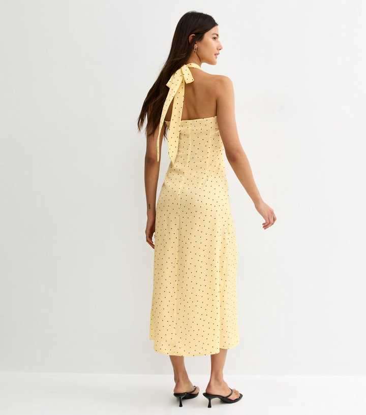 Yellow Spot Print Cowl Neck Halter Satin Midi Dress | New Look