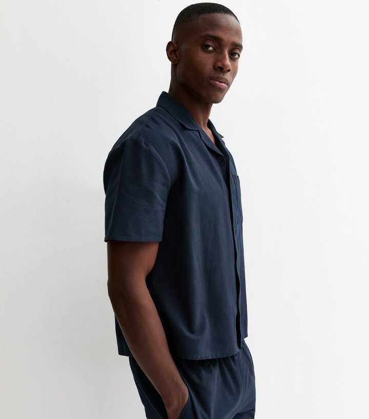 Navy Boxy Cotton Revere Collar Shir