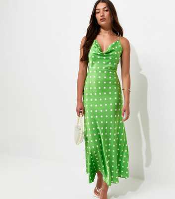 Green Polka Dot Satin Strappy Midi Dress