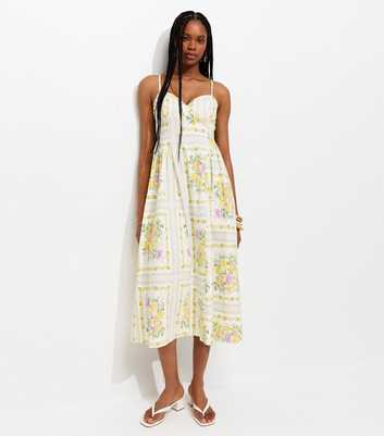 Cream Floral Print Corset Bust Flared Midi Dress