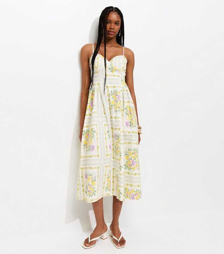 Cream Floral Print Corset Bust Flared Midi Dress