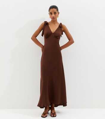 Dark Brown Tie Shoulder Plunge Maxi Dress