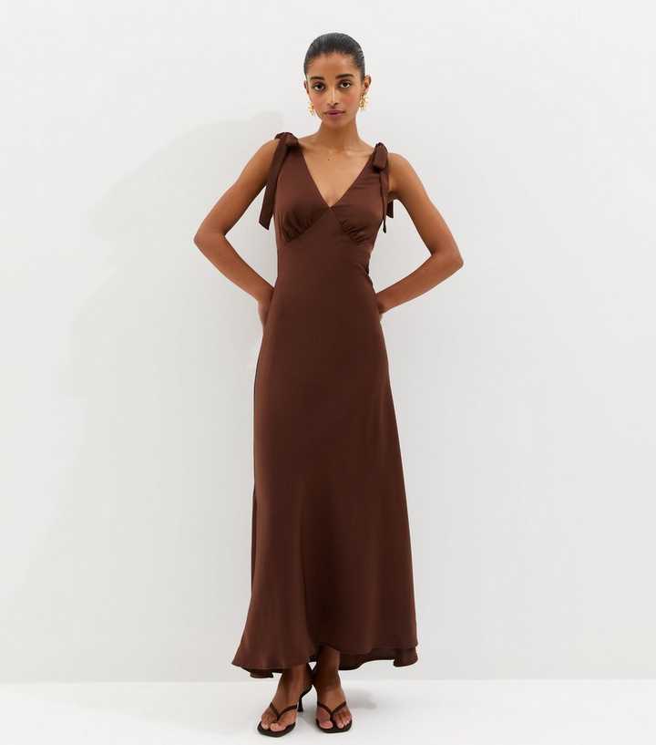Dark Brown Tie Shoulder Plunge Maxi Dress