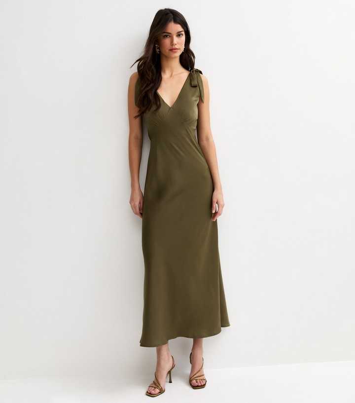 Light Khaki Tie Shoulder Plunge Maxi Dress