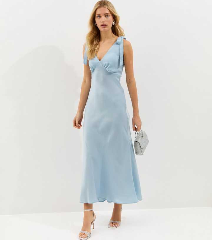 Light Blue Tie Shoulder Plunge Maxi Dress
