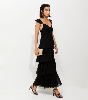 knee length dresses for ladies Black Chiffon Tiered Ruffle Midi Dress – Rare London main image 1