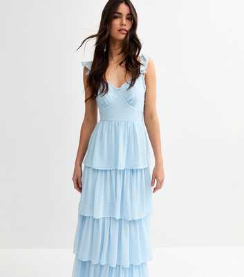 Light Blue Tiered Chiffon Midi Dress