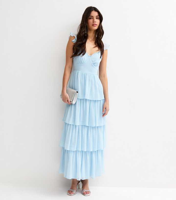 sachin and babi light blue dress Long Cap Sleeve Floral Chiffon Formal Dress Floral Chiffon & Cap Sleev –  The Dress Outlet main image 1