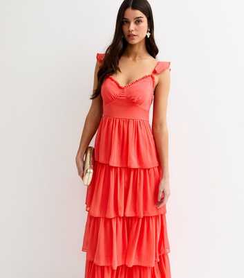 Coral Tiered Chiffon Midi Dress