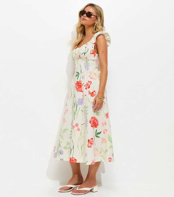 Petite Cream Floral Print Corset Waist Midi Dress