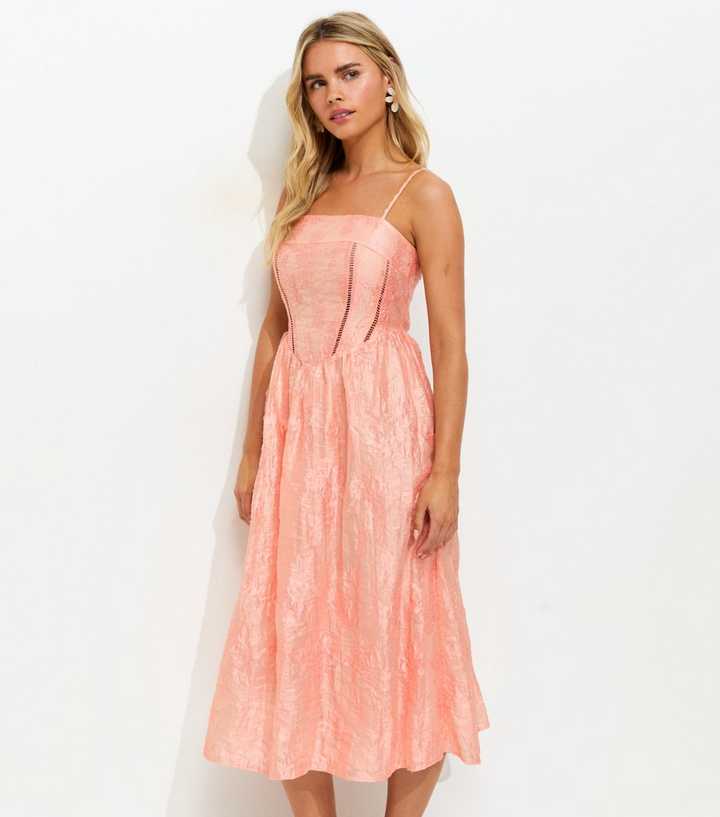 Petite Light Coral Glitter Floral Jacquard Midi Dress
