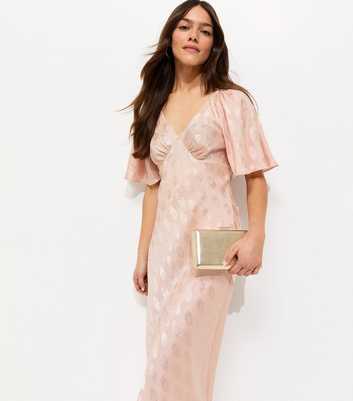 Petite Pink Paisley Jacquard Flutter Sleeve Midi Dress