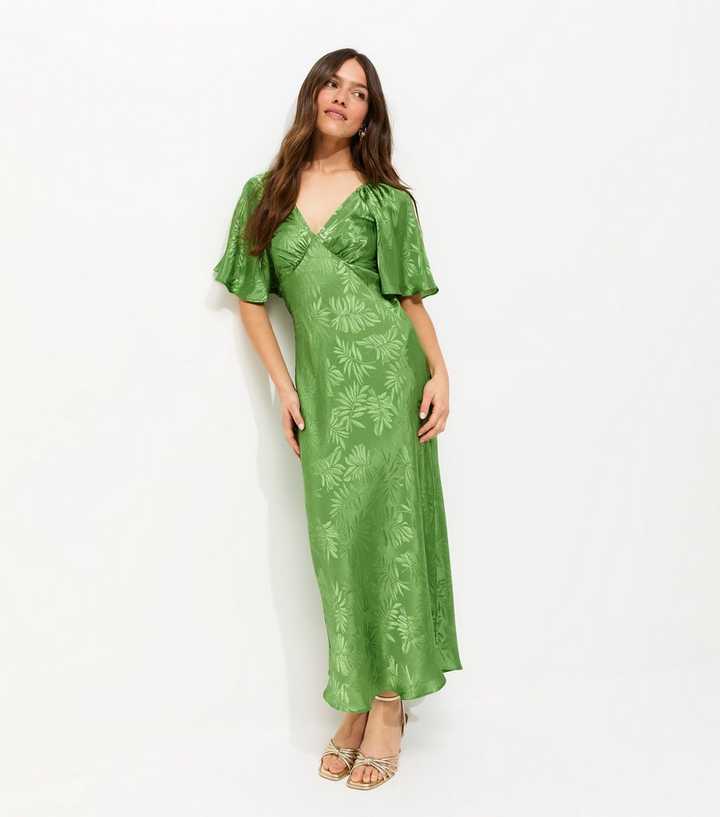 Petite Light Green Palm Jacquard Flutter Sleeve Midi Dress