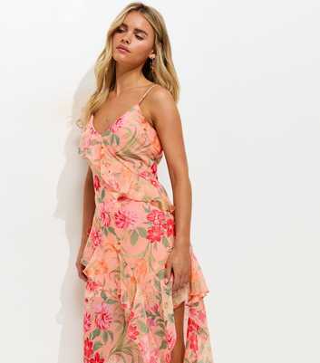 Petite Orange Floral Print Chiffon Asymmetric Dress