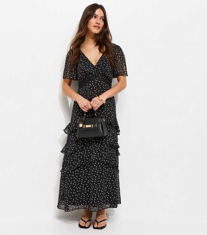 sachin and babi light blue dress Black Polka Dot Chiffon Ruffle Long Sleeve Mini Dress