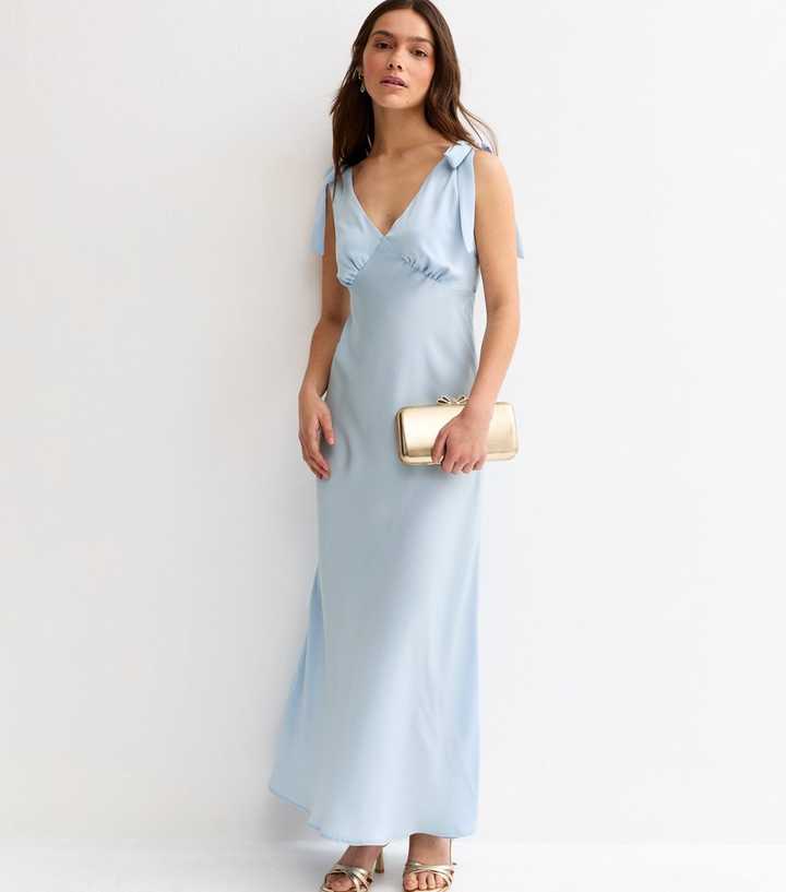 Petite Light Blue Satin Tie Shoulder Midi Dress | New Look