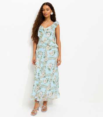 Petite Light Blue Floral Print Ruffled Chiffon Midi Dress