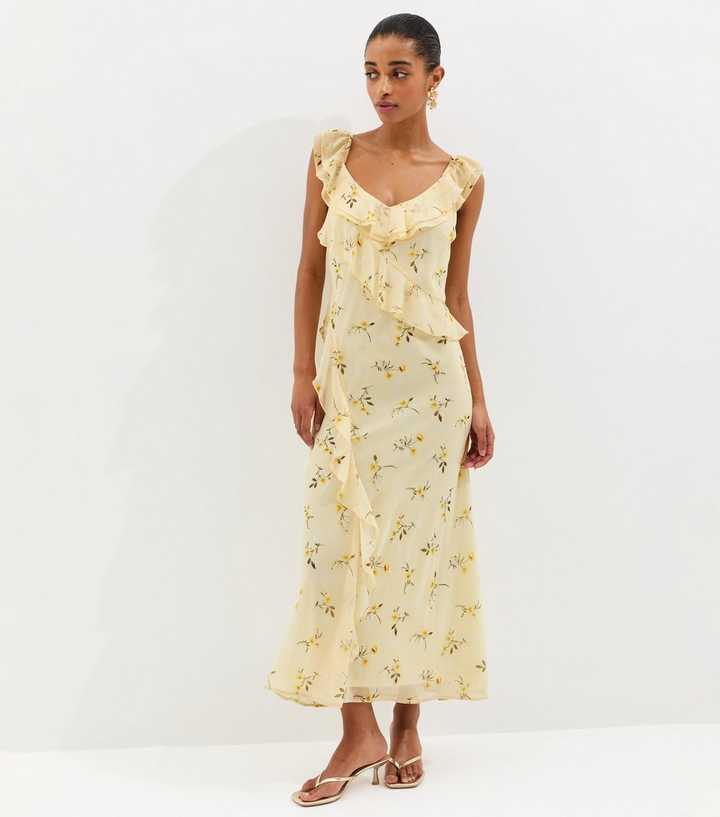 Light Yellow Ditsy Chiffon Ruffle Midi Dress