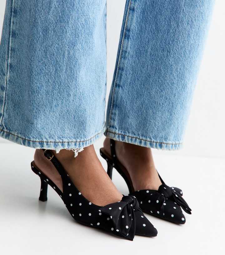 Black Satin Polka Dot Slingback Court Shoes