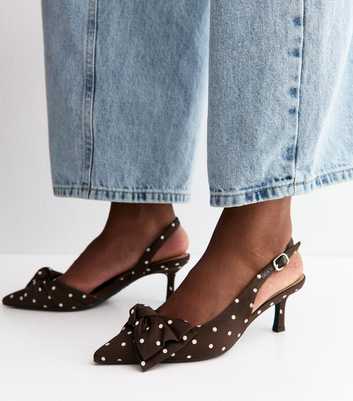 Dark Brown Satin Polka Dot Slingback Court Shoes
