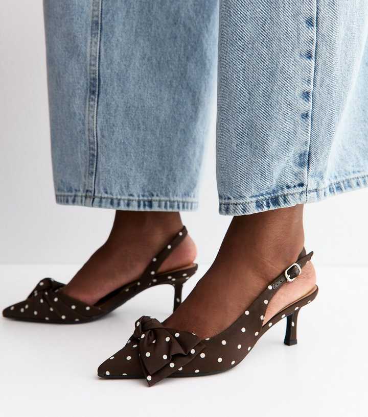 Dark Brown Satin Polka Dot Slingback Court Shoes
