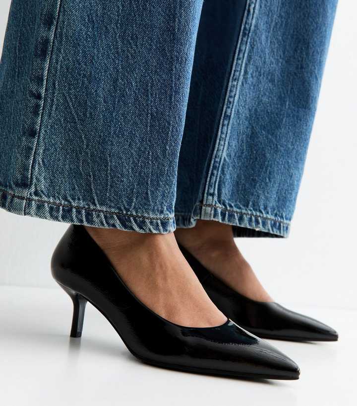 Black Patent Faux Leather Kitten Heel Court Shoes