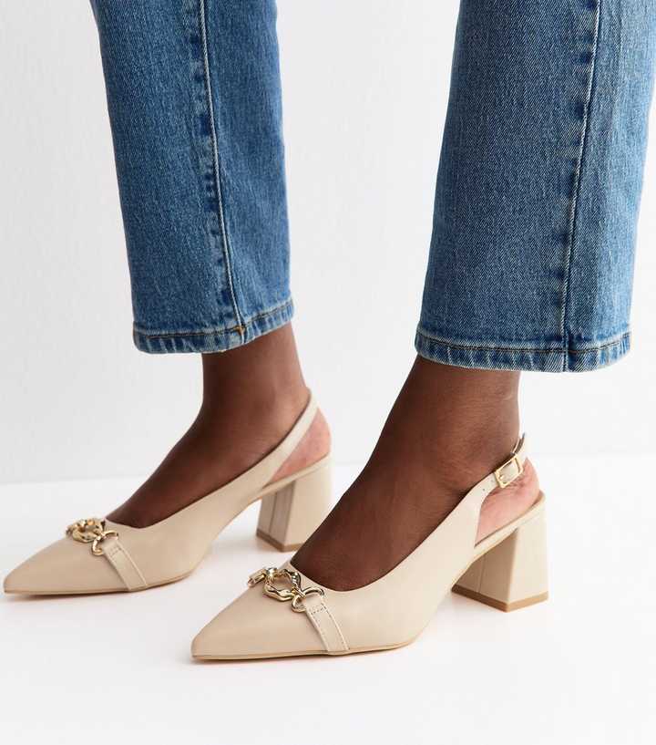 Off White Faux Leather Chain Slingback Block Heels